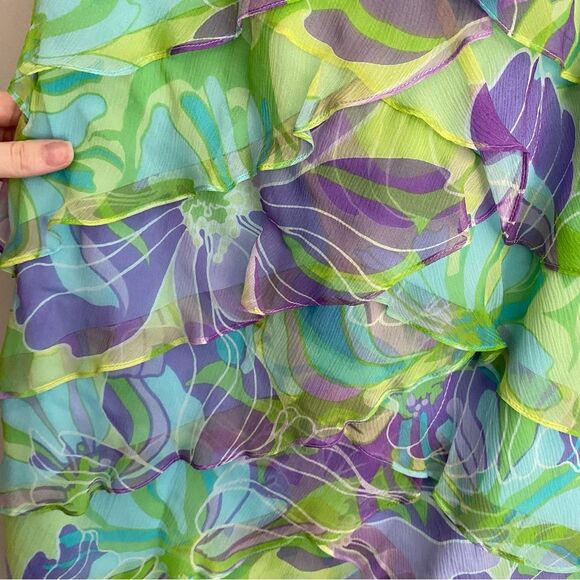 Tadashi Shoji Y2K Floral Tiered Ruffle Silk Watercolor Sleeveless Dress - Picture 5 of 11